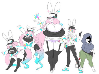 anthro backwards_baseball_cap backwards_hat barefoot baseball_cap bell bell_collar big_breasts biped black_baseball_cap black_bottomwear black_clothing black_fingerless_gloves black_gloves black_handwear black_legwear black_pants black_thigh_highs black_topwear blue_bottomwear blue_clothing blue_hair blue_hotpants blue_shorts bottomwear braided_hair breasts chest_tuft cleavage clothed clothed_anthro clothed_female clothed_male clothing collar crowbar eyes_closed eyeshadow fanny_pack feet female fingerless_gloves fully_clothed fully_clothed_anthro fully_clothed_female fully_clothed_male fur furgonomic_baseball_cap furgonomic_hat furgonomic_headwear furgonomics gesture gloves green_bottomwear green_clothing green_pants grey_clothing grey_hoodie grey_topwear grin group hair hair_over_eye hand_gesture hand_on_hip handwear hat headgear headwear hoodie hotpants huge_breasts inner_ear_fluff jacket jingle_bell jingle_bell_collar jumping legwear lineup logo_on_topwear long_ears long_hair long_pigtails makeup male midriff multicolored_hair navel one_eye_obstructed one_hand_up open_mouth open_smile pants pigtails pink_bottomwear pink_clothing pink_hair pink_hotpants pink_shorts pointing pointing_up purple_bikini_top purple_bottomwear purple_clothing purple_eyeshadow purple_hotpants purple_shorts shadowed_eyes shorts simple_background size_difference smile standing striped_bikini_top text text_on_clothing text_on_topwear thigh_highs tools topwear torn_bottomwear torn_clothing torn_pants tuft twin_braids two_tone_bikini_top two_tone_hair visor white_background white_bikini_top white_body white_clothing white_fur white_hair_bow white_jacket white_sneakers white_topwear theycallhimcake butter_(theycallhimcake) cream_(theycallhimcake) crepe_(theycallhimcake) j_(theycallhimcake) salt_(theycallhimcake) lagomorph leporid mallkin mammal rabbit 2021 absurd_res digital_drawing_(artwork) digital_media_(artwork) english_description english_text full-length_portrait hi_res portrait