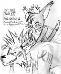 duo feral fur grin male smile smirk text rugdog celtic_mythology european_mythology final_fantasy final_fantasy_vii mythology square_enix cait_sith_(ff7) red_xiii canid canine canis cat-sith felid mammal wolf english_text monochrome sketch