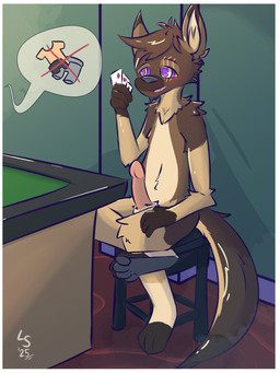 anthro biped brown_body brown_fur brown_hair card digitigrade erection eye_scar facial_scar fluffy full_foot_pawpads full_pad fur gambling genitals grey_pawpads grey_soles hair hypnosis male male_anthro mind_control nude_anthro nude_male open_mouth orange_eyes pawpads paws penis plantigrade playing_card poker ringed_eyes scar sitting solo speech_bubble strip_poker swirling_eyes tail tan_body tan_fur three-quarter_view lavakey_(artist) ra'zim gulonine hybrid kangaroo macropod mammal marsupial marten mustelid musteline sable_(marten) 2025 3:4 dated digital_drawing_(artwork) digital_media_(artwork) hi_res shaded soft_shading