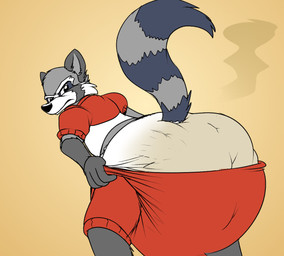 annoyed anthro big_diaper clothing clothing_pull diaper feces looking_back male pajamas raised_tail smelly soiled_diaper soiling solo stink_fumes tail unclean_diaper used_diaper pidgopidgey_(artist) guardians_of_the_galaxy marvel rocket_raccoon mammal procyonid raccoon