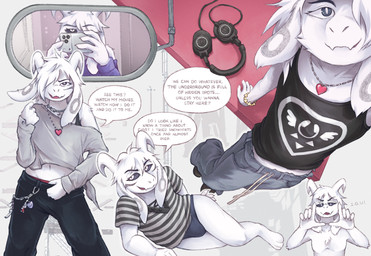 anthro clothed clothing electronics femboy fur headphones male simple_background speech_bubble text underwear white_background white_body white_eyes white_fur mynameiscomic undertale undertale_(series) asriel_dreemurr hi_res