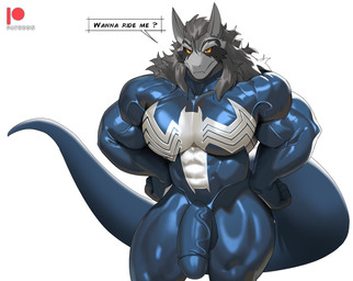 abs anthro big_penis black_latex bodysuit clothing dialogue fur genitals grey_body grey_fur grey_hair hair humanoid_genitalia humanoid_penis latex latex_bodysuit latex_clothing latex_skinsuit male moobs multicolored_bodysuit multicolored_clothing multicolored_skinsuit muscular muscular_anthro muscular_male orange_eyes pecs penis simple_background skinsuit solo speech_bubble tail text thick_thighs tight_clothing two_tone_bodysuit two_tone_clothing two_tone_skinsuit vein veiny_penis white_background white_latex yellow_sclera cxcxxcxxxx marvel mythology venom_(marvel) dragon furred_dragon furred_scalie mythological_creature mythological_scalie scalie 2026 absurd_res english_text hi_res