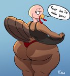 anthro avian_caruncle beak bedroom_eyes big_butt blue_background bottomwear butt butt_focus clothed clothing clothing_lift curvy_figure dialogue dress dress_lift eyelashes feathers female fully_clothed holidays huge_butt looking_back narrowed_eyes rear_view seductive simple_background skimpy smile smirk snood_(anatomy) solo speech_bubble tail tail_feathers text thick_thighs thong topwear underwear voluptuous wide_hips yellow_beak plaga thanksgiving marie_(plaga) avian bird galliform phasianid turkey digital_media_(artwork) english_text hi_res shaded signature