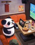 anthro backpack beverage biped black_body black_nose blush coffee container cup detailed_background electronics eyes_closed food inside karaoke kemono microphone mug solo television text white_body araru bear giant_panda mammal 2024 hi_res japanese_text