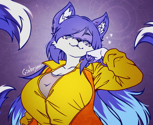 anthro breasts clothing collarbone curvy_figure engineer_(profession) eyelashes facial_tuft female freckled_ears freckled_face freckles fur hair long_eyelashes long_hair markings multi_tail multicolored_body multicolored_hair multicolored_tail pose smug solo spot_freckles spots spotted_body spotted_ears spotted_face spotted_fur tail tuft conditional_dnp giahryan canid canine fox mammal