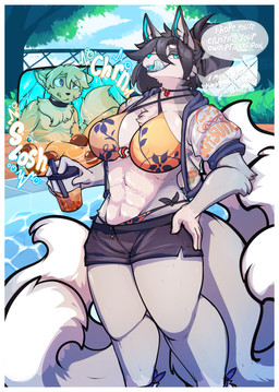 anthro beverage bubble_tea clothing duo female internal male messy_stomach oral summer swimming_pool swimwear vore loopachino loop_(loopachino) lou_(lofis) canid canine fox fox_spirit mammal absurd_res hi_res