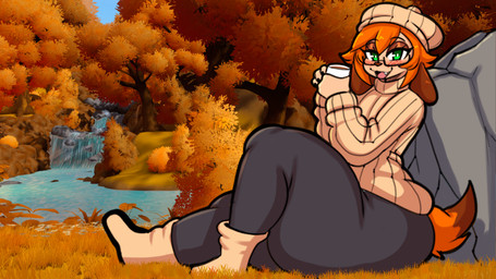 3d_background 4_fingers against_natural_surface against_rock against_surface anthro autumn beret beverage big_butt big_ears black_bottomwear black_clothing black_pants blush blush_lines boots bottomwear brown_ears brown_tail_tip butt clothed clothing coffee coffee_mug container cup detailed_background dipstick_tail fingers floppy_ears footwear freckled_butt freckled_shoulders freckles fully_clothed fur glistening glistening_eyes glistening_eyeshadow glistening_hair green_eyes hair hat headgear headwear holding_container holding_cup holding_mug holding_object huge_butt light light_body light_skin long_ears looking_at_viewer male markings mug open_mouth open_smile orange_grass orange_hair orange_leaves orange_tail outside pants pink_tongue plant pupils rock shoes sitting sitting_on_ground smile snaggle_tooth solo sweater tail tail_markings tan_boots tan_clothing tan_footwear tan_hat tan_headwear tan_shoes tan_sweater tan_topwear thick_thighs tongue topwear tree two_tone_tail water waterfall white_pupils white_sclera wide_hips inuzu inuki_zu canid canine canis domestic_dog mammal 2026 3d_(artwork) colored digital_drawing_(artwork) digital_media_(artwork) lighting mixed_media shaded