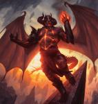 armor claws fire male membrane_(anatomy) membranous_wings solo wings chris_rahn hasbro magic:_the_gathering ob_nixillis planeswalker demon humanoid digital_media_(artwork) full-length_portrait official_art portrait warm_colors