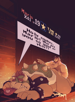 anthro arm_hair blue_shell bodily_fluids body_hair bracelet brown_facial_hair brown_hair brown_mustache chest_hair clothing collar cum duo facial_hair fur genital_fluids hair hat headgear headwear horn human_on_anthro interspecies jewelry lying male male/male mustache narrowed_eyes nipples nude obese obese_anthro obese_male on_front orange_body orange_fur orange_tail overweight overweight_anthro overweight_male red_clothing red_hair red_hat red_headwear shell short_hair speech_bubble spiked_bracelet spiked_collar spiked_shell spiked_tail spikes spikes_(anatomy) tail tan_body tan_fur text tongue tongue_out white_horn chocolateandmilk mario_bros nintendo bowser mario human koopa mammal scalie absurd_res english_text hi_res