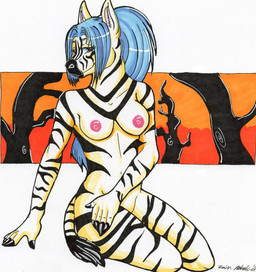 anthro biped black_body black_fur blue_eyes blue_hair breasts female fur hair long_hair looking_at_viewer nipples nude ponytail sitting solo stripes tail tail_tuft tuft white_body white_fur year lainmokoto equid equine mammal zebra 2008