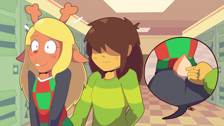adolescent anthro antlers blinking blonde_hair blush bottomwear brown_hair buckteeth checkered checkered_clothing clothing duo female freckles green_clothing green_sweater green_topwear hair horn locker long_hair pattern_clothing rubbing_tail school school_hallway skirt smile sweater tail tail_fetish tail_play teeth topwear yellow_body young bingbingo deltarune undertale_(series) kris_dreemurr noelle_holiday deer human mammal new_world_deer reindeer 16:9 4k absurd_res animated hi_res no_sound short_playtime signature video widescreen