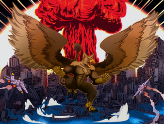 5_fingers abs aircraft airplane anthro balls beak biceps biped brown_body brown_fur building building_destruction city city_background city_destruction cityscape claws destruction feathered_wings feathers feet finger_claws fingers fur genitals house jet machine macro macro_anthro macro_male male muscular muscular_anthro muscular_male nude nuke outside paws pecs rampage sky solo tail toes vehicle wings ako_taysen mythology carpo avian gryphon mythological_avian mythological_creature
