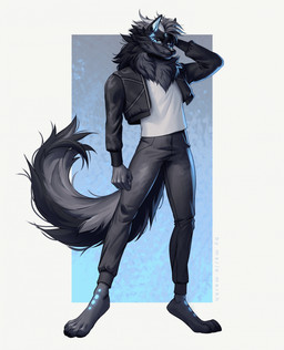 anthro black_body black_fur black_nose blue_markings clothed clothing front_view fur grey_body grey_fur grey_hair hair horn looking_at_viewer male markings mouth_closed simple_background solo standing text white_horn yellow_eyes marie_merkh canid canine mammal artist_name full-length_portrait hi_res portrait