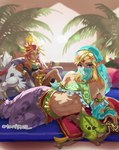 5_fingers blonde_hair blue_eyes clothed clothing crossdressing eyebrows female femboy feral fingers gerudo_outfit group hair humanoid_pointy_ears male not_furry_focus pillow pointy_ears otari7902 breath_of_the_wild nintendo the_legend_of_zelda drona_(tloz) link riju gerudo humanoid hylian korok signature