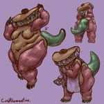 anthro apron apron_only areola belly big_belly breasts brown_areola brown_eyes brown_nipples claws clothing female food green_claws green_tail happy holding_tray huge_belly mature_female navel nipples obese obese_anthro obese_female overweight overweight_anthro overweight_female purple_background sharp_teeth simple_background smile solo taco tail teeth thick_thighs white_apron white_clothing cold_quarantine cloudy_with_a_chance_of_meatballs crocodile crocodilian food_creature reptile scalie tacodile 1:1 2024 artist_name colored digital_media_(artwork) hi_res