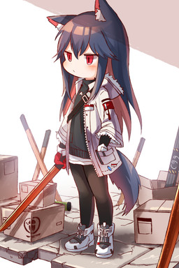 black_hair blush chibi clothing female footwear hair holding_melee_weapon holding_object holding_sword holding_weapon jacket legwear melee_weapon pantyhose red_eyes shoes solo standing sweater sword topwear weapon honyang arknights hypergryph studio_montagne texas_(arknights) animal_humanoid canid canid_humanoid humanoid mammal mammal_humanoid 2020 2:3 absurd_res hi_res