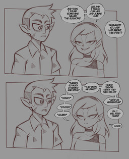 bite biting_lip biting_own_lip clothed clothing dialogue duo female female_humanoid humanoid_pointy_ears humor male male_humanoid not_furry pointy_ears self_bite speech_bubble text saltyxodium disney the_owl_house amity_blight hunter_(the_owl_house) humanoid witch_(the_owl_house) 2022 absurd_res english_text hi_res