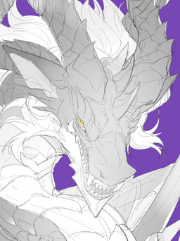 4_horns ambiguous_gender countershade_face countershade_neck countershade_scales countershading dark_body dark_scales exposed_teeth fangs feral hair head_horn horn light_body light_scales looking_at_viewer multi_horn open_mouth purple_background scales simple_background solo teeth white_hair white_sclera yellow_eyes chiayeeee mythology dragon mythological_creature mythological_scalie scalie 2023 absurd_res bust_portrait digital_drawing_(artwork) digital_media_(artwork) hi_res portrait