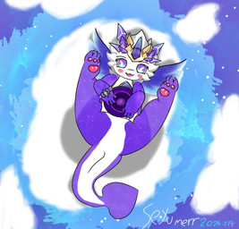blue_body blue_eyes bracelet cheek_tuft claws facial_tuft female female_feral feral gem_bracelet horn jewelry multicolored_eyes pawpads purple_body purple_eyes rosy_cheeks solo spade_tail spread_legs spreading tail teal_eyes toe_claws tuft white_body wings seyumerr mythology dragon mythological_creature mythological_scalie scalie 2026 dated hi_res