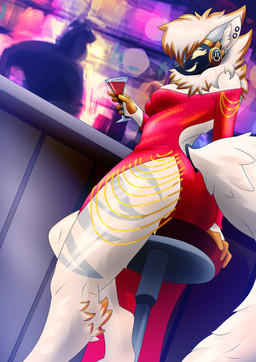 anthro clothing cocktail_glass container cup dress drinking_glass female formal_wear glass glass_container glass_cup machine nightclub protogen_visor red_clothing red_dress smile smiling_at_viewer solo_focus sparkles succipowah my_furry_protogen juno_(my_furry_protogen) protogen absurd_res digital_media_(artwork) hi_res