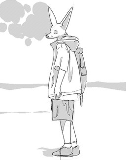 anthro backpack bottomwear clothing ears_up eyes_closed hood male shirt shorts simple_background solo standing t-shirt topwear dowlgrett canid canine mammal cel_shading greyscale monochrome shaded sketch