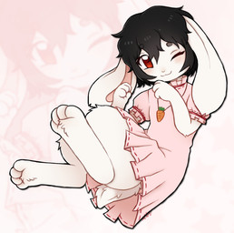 anthro anthrofied black_hair blowup_background clothing dress female floppy_ears fur hair looking_at_viewer lop_ears one_eye_closed pink_clothing pink_dress red_eyes scut_tail semi-anthro short_tail simple_background solo tail white_body white_fur white_tail nervaniias touhou tewi_inaba lagomorph leporid mammal rabbit