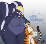 anthro belly big_belly big_breasts birthday breasts digestion duo female green_eyes hair larger_female male male/female markings multi_nipple nipples nude overweight overweight_female pink_eyes simple_background size_difference skunk_tail smaller_male striped_body striped_markings striped_tail stripes tail tail_markings thick_thighs wide_hips victhetiger lily_(puffedup) victor_alice_reed felid mammal mephitid pantherine skunk tiger hi_res