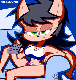 anthro black_hair bored breasts cleavage clothed clothing female frown furniture green_eyes hair half-closed_eyes messy_hair narrowed_eyes panties shirt sitting sofa solo tan_body tank_top topwear tv_lighting tv_remote underwear jdone nickelodeon t.u.f.f._puppy kitty_katswell domestic_cat felid feline felis mammal 2026 colored hi_res shaded signature simple_shading