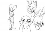 3_toes :i anthro biped blush bodily_fluids clothed clothing feet hand_on_hip long_ears male nervous simple_background smile solo standing sweat toes white_background bluedouble disney zootopia fan_character lagomorph leporid mammal rabbit 2016 black_and_white hi_res monochrome