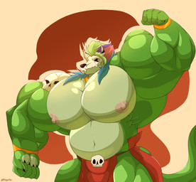 accessory anthro barazoku biceps big_muscles big_pecs bone bone_mask claws finger_claws green_body huge_muscles huge_pecs hyper hyper_muscles hyper_pecs jewelry male mask muscular muscular_anthro muscular_male necklace nipples non-mammal_nipples pecs skull skull_mask solo tail ringsfox terraria witch_doctor_(terraria) lihzahrd lizard reptile scalie hi_res