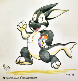 anthro ball beach_ball black_body black_fur chest_tuft fangs featureless_crotch fur holding_ball holding_object inflatable logo male male_anthro nude open_mouth open_smile running smile solo teeth tuft white_body white_fur pandapaco species_request 2018 artist_logo dated signature