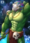 abs anthro biceps bone bulge detailed_bulge genital_outline green_body green_scales hair male mask multicolored_hair muscular muscular_anthro muscular_male pecs penis_outline rainbow_hair scales skull skull_mask solo clarxender terraria witch_doctor_(terraria) lihzahrd lizard reptile scalie absurd_res hi_res