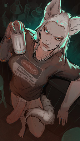 alcohol alcohol_bottle angry bar_chair beverage beverage_bottle big_penis bottle bottomless breasts clothed clothing container cybernetics energy_drink erection fur genitals gynomorph hair huge_penis humanoid_face humanoid_genitalia humanoid_penis intersex looking_at_viewer machine penis prosthetic prosthetic_arm prosthetic_limb pubes shirt shirt_only solo t-shirt t-shirt_only tail text topwear topwear_only white_body white_fur kostictoxic monster_energy animal_humanoid canid canid_humanoid canine canine_humanoid canis cyborg humanoid mammal mammal_humanoid wolf wolf_humanoid digital_media_(artwork) english_text shaded signature