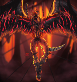 abs athletic athletic_humanoid athletic_male balls biceps bite biting_lip black_hair black_wings blurred_background bodily_fluids bound chain chained dripping feet flaccid foot_wraps foreskin genital_fluids genitals grin hair hell horn leaking_precum looking_at_viewer male markings melee_weapon navel nipples not_furry nude open_mouth pecs penis polearm precum precum_drip red_body red_skin restrained scythe short_hair smile solo teeth vein veiny_penis weapon wings wraps yellow_eyes yeiko_art demon horned_humanoid humanoid winged_humanoid 2022 absurd_res hi_res