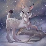 detailed_background feral fur grey_body grey_fur looking_at_viewer paws pink_nose purple_eyes snow snowing solo yulliandress canada_lynx felid feline lynx mammal 1:1 2018 digital_media_(artwork)