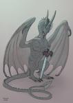 claws feral holding_melee_weapon holding_object holding_sword holding_weapon horn melee_weapon membrane_(anatomy) membranous_wings planted_weapon simple_background solo spines standing sword tail weapon wings dschunai european_mythology mythology dragon mythological_creature mythological_scalie scalie western_dragon 2019 digital_media_(artwork)