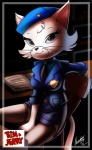 anthro clothing desk female furniture looking_at_viewer necktie police police_uniform solo table uniform whiskers nancher metro-goldwyn-mayer tom_and_jerry katy_o'kitty domestic_cat felid feline felis mammal 2009