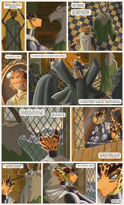 abs anthro arm_wraps armor bottomwear breasts brick brick_wall brown_eyes brown_nose cabinet checkerboard_floor cheek_tuft cloak close-up clothing comic_panel desk detailed_background dialogue dialogue_box door eyebrows eyewear facial_tuft facing_away_from_viewer female fireplace frown fur furniture gauntlets glasses gloves grey_body grey_eyes grey_fur group handwear high-angle_view high_collar horn inside leopard_spots loincloth long_eyebrows looking_out_window male markings midriff mountain muscular muscular_female orange_body orange_fur painting_(object) pivoted_ears plant sculpture shadow shaggy_fur side_view speech_bubble spots statue stripes table tail tail_markings teapot text touching_face tuft unconvincing_armor wall_(structure) wearing_glasses window wraps yellow_body yellow_eyes yellow_fur hiverdose kurlan_(last_fables) lieren_(last_fables) sabor_(last_fables) bovid caprine felid goat leopard mammal markhor pantherine tiger absurd_res comic digital_media_(artwork) english_text hi_res