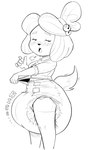 anthro bell big_diaper blush blush_lines bodily_fluids breasts buckteeth clothed clothing collared_shirt diaper dress_shirt eyelashes female genital_fluids half-closed_eyes legwear midriff narrowed_eyes navel onomatopoeia pantsless_anthro pantsless_female raised_clothing raised_shirt raised_topwear shirt solo sound_effects standing teeth text thigh_highs topwear unclean_diaper urine used_diaper wearing_diaper wet_diaper wetting wetting_diaper mewabdl animal_crossing nintendo isabelle_(animal_crossing) canid canine canis domestic_dog mammal shih_tzu toy_dog 2025 hi_res monochrome