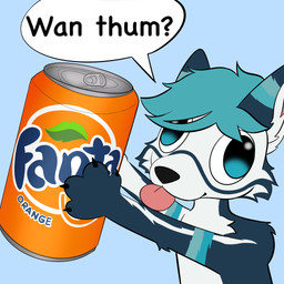 4_fingers anthro beverage big_eyes black_claws black_nails black_nose blep blue_body blue_eyes blue_fur blue_hair can claws colored_nails container fingers fluffy fur fur_markings goofy_smile hair holding_object inner_ear_fluff male markings multicolored_body multicolored_fur nails offering_to_viewer silly_face solo speech_bubble text tongue tongue_out tuft two_tone_body white_body grim_bunny fanta freki_(kuro_boi) canid canine canis mammal wolf 1:1 hi_res
