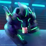 1_eye ambiguous_gender arm_markings armor beverage chest_markings coffee container cup featureless_face fingers front_view furniture glowing glowing_markings green_eyes green_markings gun_arm holding_container holding_cup holding_mug holding_object inside leaning_on_table markings mug not_furry sitting solo table text sulfurbunny metroid metroid_prime metroid_prime_hunters nintendo sylux_(metroid) humanoid unknown_species 1:1 2015 digital_media_(artwork) english_text shaded url