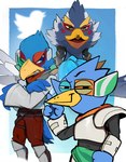 anthro beak blue_body blue_feathers feathers group male open_mouth red_body red_feathers smile smug trio twitter_logo liteu breath_of_the_wild deltarune nintendo star_fox the_legend_of_zelda twitter undertale_(series) berdly falco_lombardi revali avian bird rito crossover