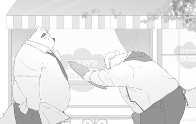 anthro belly big_belly bottomwear bread chef_hat clothing detailed_background duo food hat headgear headwear kemono male male/male necktie outside overweight overweight_male pants ginsingoo1 canid canine canis domestic_dog mammal 2023 monochrome