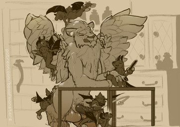 anal anthro balls bat_wings bodily_fluids bovid_horn brush brushing cabinet caprine_horn chatting claws cum cum_on_back cum_on_face dialogue door drawer ear_tuft ejaculation fangs feral filing_nails fingers floppy_ears fluffy fluffy_tail flying furniture gamelyon genital_fluids genitals goat_horn goat_tail grin grinding grinding_on_penis group hair hip_wings hoof_hands hooved_fingers hooves horizontal_pupils horn licking looking_pleasured male male/male mane mane_hair manicure membrane_(anatomy) membranous_wings nail_file oral oral_sandwich penile penile_spines penis penis_lick personal_grooming potion preening pupils raised_wings ram_horn rimming rimming_male service serving sex sheep_horns shelf size_difference smile social_grooming spread_legs spreading table tail tail_tuft talking_to_another teeth tongue tongue_out tuft unusual_wing_placement wings boxofmonsters bovid caprine chimera demon familiar felid goat heraldic_beast hybrid lion mammal pantherine spirit monochrome