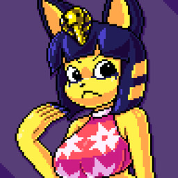 5_fingers :< accessory anthro bangs big_breasts big_ears black_eyes black_nose blue_hair blue_nails bodypaint breasts clothing colored_nails face_paint female fingers floral_pattern fur gesture gold_(metal) gold_accessory hair hair_accessory hand_gesture nails red_top shoulderless simple_background skinny solo topwear white_collared_shirt wide_hips yellow_body yellow_fur astropixels animal_crossing nintendo ankha_(animal_crossing) domestic_cat felid feline felis mammal 1:1 digital_media_(artwork) hi_res pixel_(artwork)