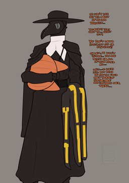 animal_mask anthro beak_mask belt brimmed_hat cat_ear_helmet cloak clothing dialogue food fruit jewelry male mask necklace plague_doctor plant pumpkin simple_background solo text drstrangeluvve aquilo_(drstrangeluvve) calico_cat domestic_cat felid feline felis mammal english_text hi_res
