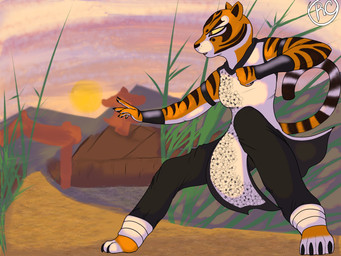 anthro bottomwear bracelet claws clothed clothing cloud dress female gradient_background jewelry kung_fu muscular muscular_anthro muscular_female pants red_eyes shadow simple_background sky solo sun village rcblackdie dreamworks kung_fu_panda master_tigress felid feline mammal pantherine tiger 4:3 absurd_res hi_res shaded wallpaper