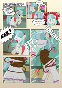 bdsm blindfold blue_eyes blue_hair bondage bound cloth_gag clothing dress exclamation_point female feral gag gagged glowing hair interrobang levitation magic multicolored_hair question_mark restraints rope rope_bondage solo sparkles text two_tone_hair radiantrealm friendship_is_magic hasbro my_little_pony coco_pommel_(mlp) earth_pony equid equine horse mammal pony 2015 comic english_text