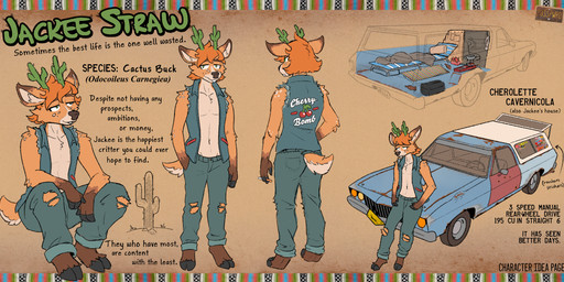 2_horns 3_fingers anthro antlers barefoot bedding biped black_ear_tips black_ears black_hooves black_nose black_text blanket blue_bottomwear blue_clothing blue_jeans blue_pants blue_topwear blue_vest bottle bottomwear brown_body brown_ears brown_eyebrows brown_fur brown_tail buckteeth cactus car cigarette clothed clothed_anthro clothed_male clothing cloven_hooves container cuffed_jeans denim denim_bottomwear denim_clothing denim_topwear denim_vest dipstick_ears ear_markings eyebrows feet fingers fur furgonomic_bottomwear furgonomic_pants furgonomics green_antlers green_eyes green_horn green_text hair half-closed_eyes hand_in_pocket holding_cigarette holding_object hoof_hands hooves horn jeans leaning leaning_backward logo male multicolored_body multicolored_ears multicolored_fur narrowed_eyes navel open_clothing open_topwear open_vest orange_hair pants pillow plant pockets pool_chair rug saguaro scut_tail shirtless shirtless_anthro shirtless_male short_hair short_tail sitting snout solo standing tail teeth text text_on_clothing text_on_topwear text_on_vest topwear torn_bottomwear torn_clothing torn_jeans torn_pants two_tone_body two_tone_ears two_tone_fur two_tone_tail unguligrade vehicle vest white_body white_fur white_inner_ear white_tail white_text posspowered jackee_straw_(posspowered) deer mammal new_world_deer 2026 artist_logo english_text hi_res model_sheet