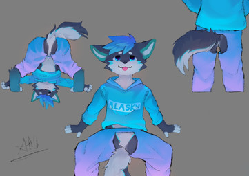 anthro ass_up biped black_body black_clothing black_fur black_hoodie black_topwear blep blue_bottomwear blue_clothing blue_hair blue_pants bottomwear clothing crotchless_bottomwear crotchless_clothing crotchless_pants crouchless featureless_crotch fur hair hoodie kemono male pants purple_bottomwear purple_clothing purple_pants shota slim_anthro slim_male solo tongue tongue_out topwear white_body white_fur young young_anthro young_male fur_alasky canid canine canis domestic_dog husky mammal nordic_sled_dog spitz 2022